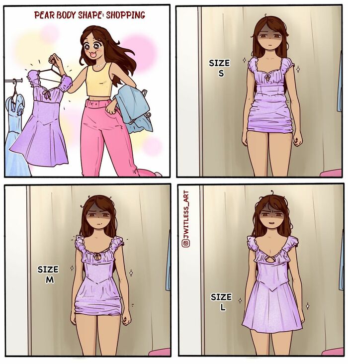 Comic about shopping challenges with a pear body shape, humorously illustrating realities of trying different dress sizes.