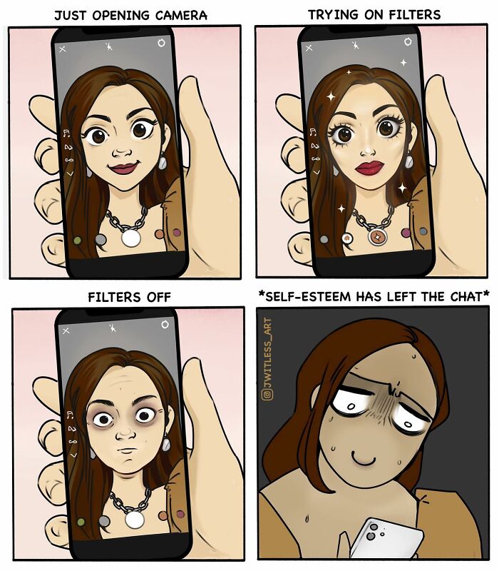 Comic illustrating humorous reality of using camera filters and self-esteem in a relatable scenario.