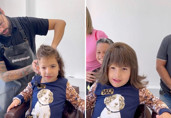 Brazilian barber providing hair prosthetics to a child with a styled haircut, enhancing confidence and joy.