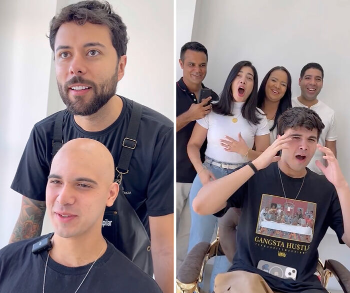 Barber from Brazil creating hair prosthetics for kids, showcasing transformation and reactions in a joyful group setting.
