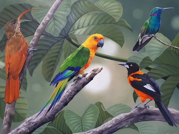 Colorful birds painted with fine art detail on a leafy background by Brazilian artist Petterson Silva.