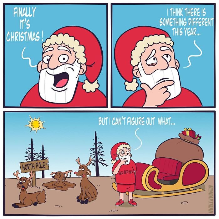 Comic with Santa pondering environmental changes, featuring reindeer and a barren North Pole landscape.