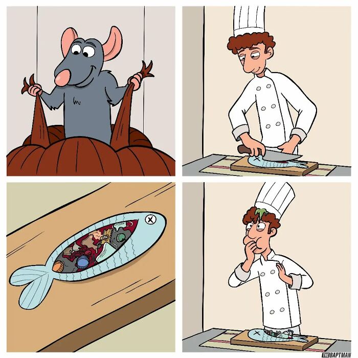 Comic featuring a chef and a rat, highlighting environmental messages through unexpected food ingredients.