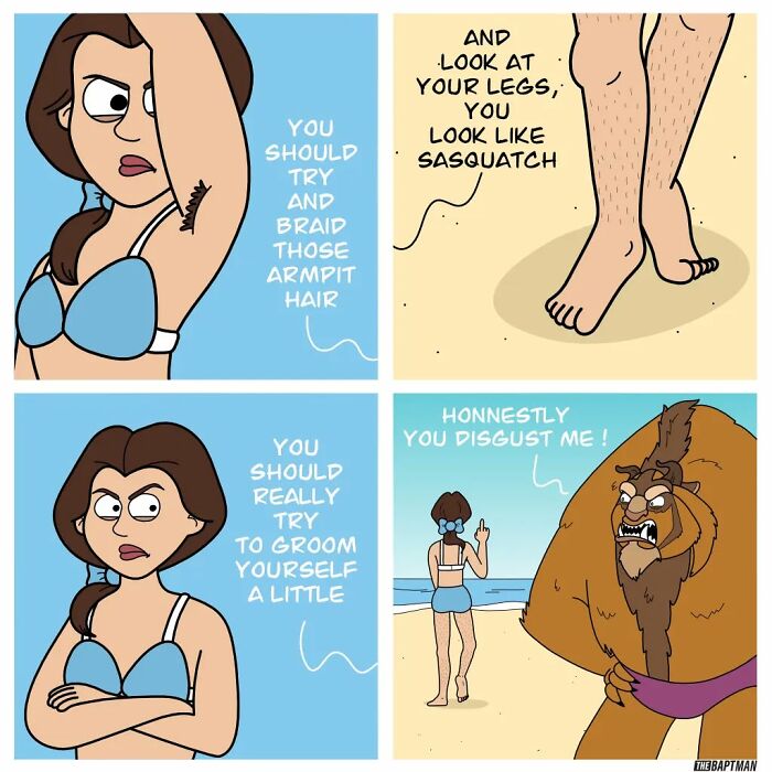 Comic featuring a well-known character discussing body hair, highlighting environmental messages through humor.