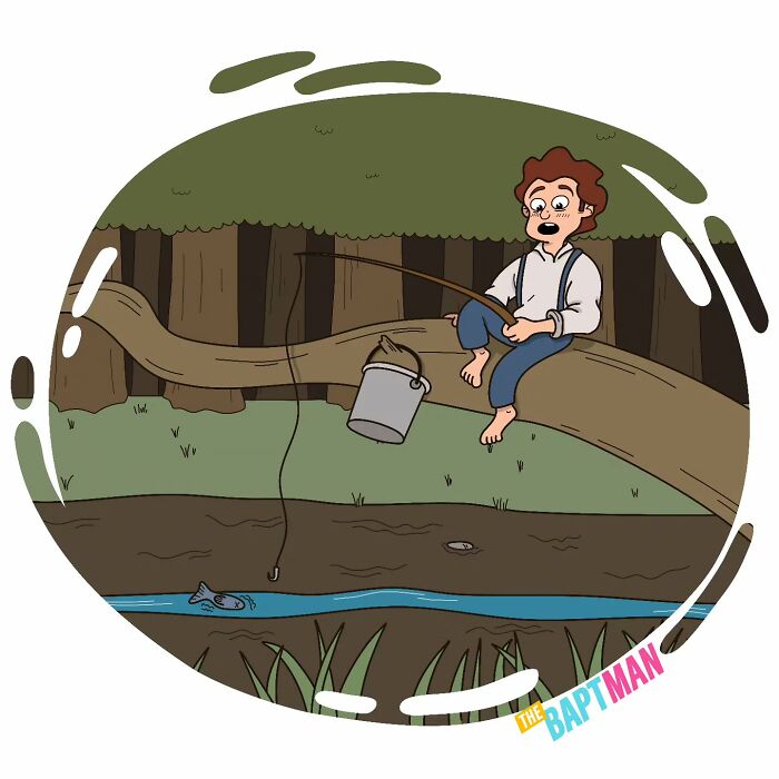 Character fishing on a fallen tree, promoting environmental awareness in a comic illustration.