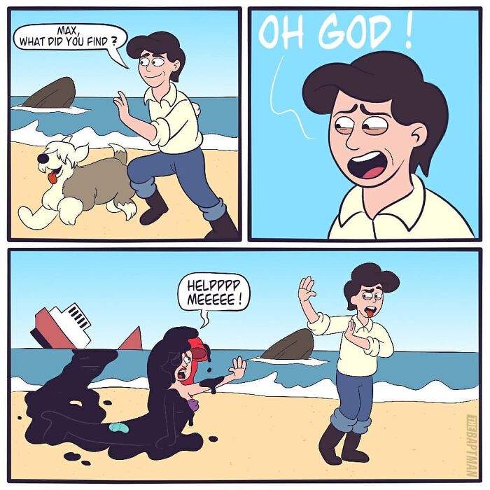 Comic of well-known characters on a beach conveying an important environmental message with oil spill imagery.