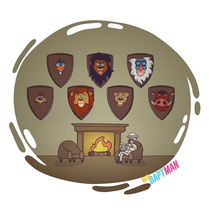 Comic art depicting well-known characters as hunting trophies, highlighting environmental messages.