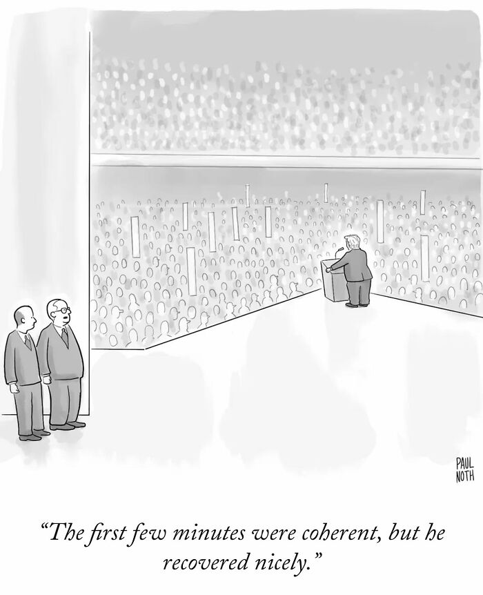 Cartoon by Paul Noth showing a speaker at a podium with a humorous caption about coherence.