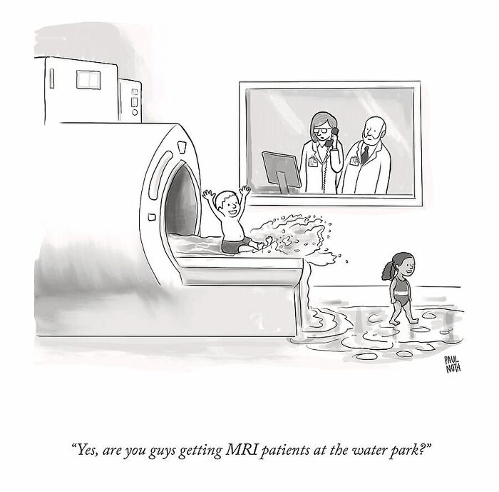New Yorker cartoon by Paul Noth of kids using an MRI as a water slide, with doctors confused behind glass.