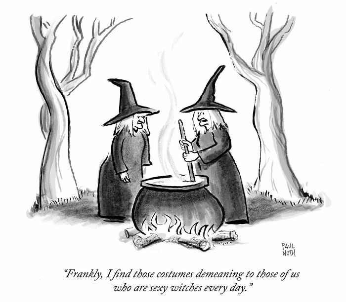 Two witches in a forest discussing costumes over a cauldron. Hilarious one-panel comic by New Yorker cartoonist Paul Noth.
