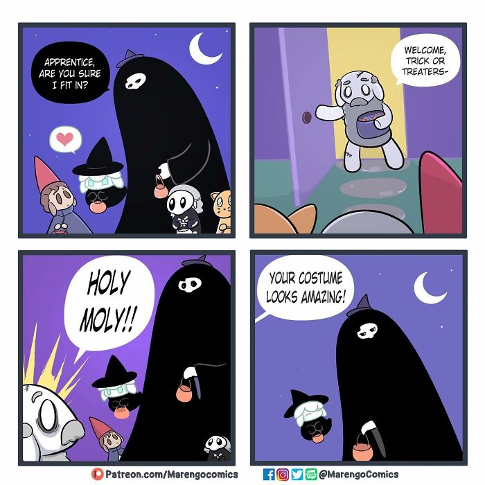 Wholesome comic by Marengo Lambert showing Death and apprentice on Halloween night, receiving compliments on costumes. Wholesome comic by Marengo Lambert showing Death and apprentice on Halloween night, receiving compliments on costumes.