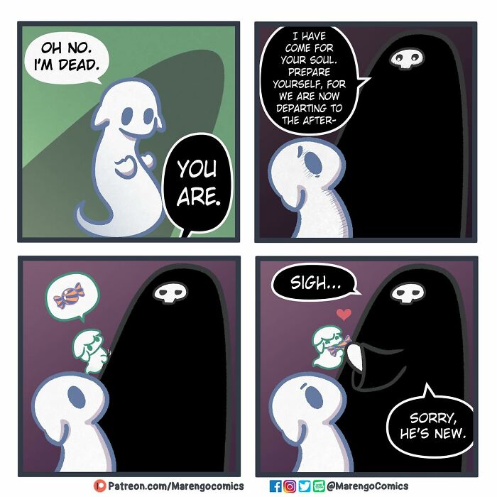 Comic strip of Death and its apprentice discussing a soul's departure, with a humorous twist involving candy. Comic strip of Death and its apprentice discussing a soul's departure, with a humorous twist involving candy.