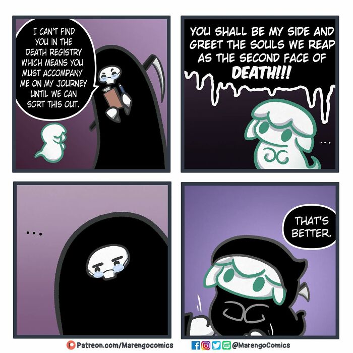 Comic about death and its apprentice with a humorous dialogue between characters, by Marengo Lambert. Comic about death and its apprentice with a humorous dialogue between characters, by Marengo Lambert.