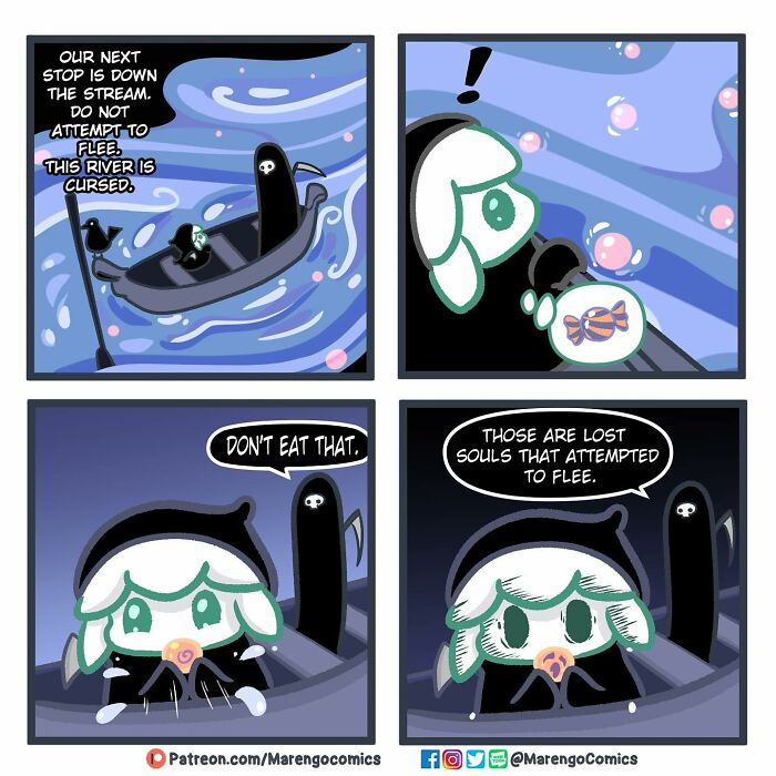 Wholesome comic about Death guiding apprentice on cursed river, warning against eating lost souls disguised as candy. Wholesome comic about Death guiding apprentice on cursed river, warning against eating lost souls disguised as candy.