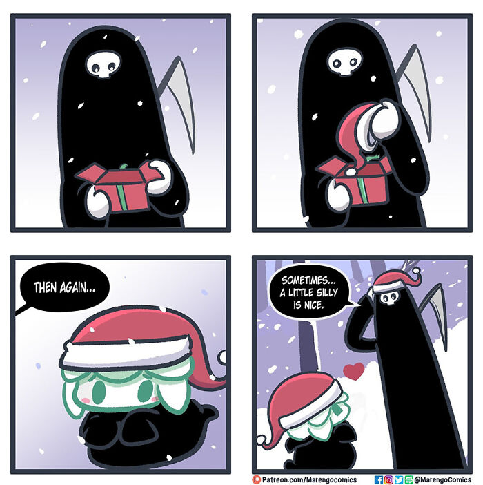 Comic featuring Death with a gift and an apprentice wearing a Santa hat, expressing the joy of silliness in winter. Comic featuring Death with a gift and an apprentice wearing a Santa hat, expressing the joy of silliness in winter.