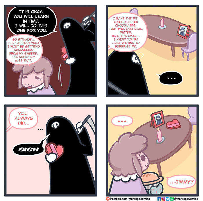 Comic by Marengo Lambert featuring Death comforting its apprentice in a heartfelt scene about love and loss. Comic by Marengo Lambert featuring Death comforting its apprentice in a heartfelt scene about love and loss.