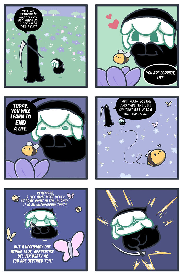 Comics about death and its apprentice learning a life lesson in a field with a bee. Comics about death and its apprentice learning a life lesson in a field with a bee.