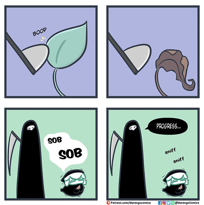 Comic strip showing Death with its apprentice, illustrating a leaf's life cycle and the theme of progress. Comic strip showing Death with its apprentice, illustrating a leaf's life cycle and the theme of progress.