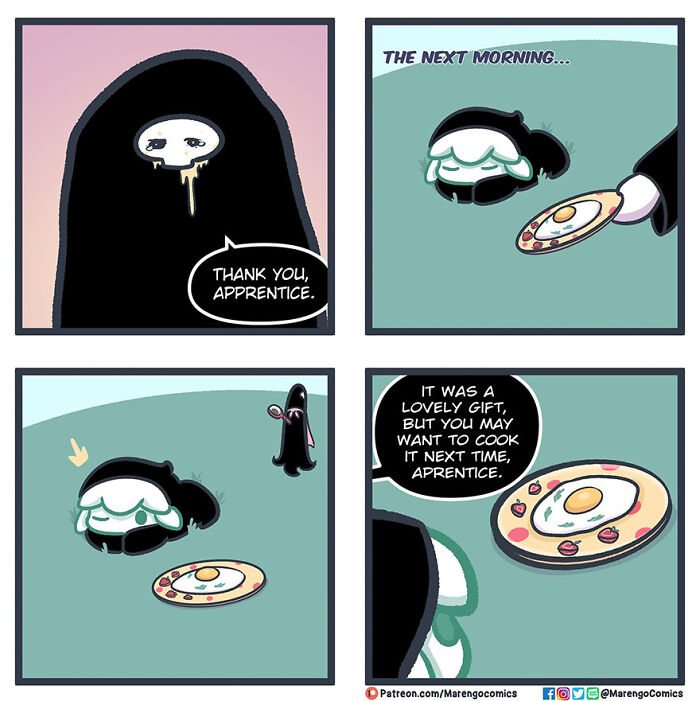 Comic by Marengo Lambert featuring Death and its apprentice discussing an uncooked breakfast gift. Comic by Marengo Lambert featuring Death and its apprentice discussing an uncooked breakfast gift.