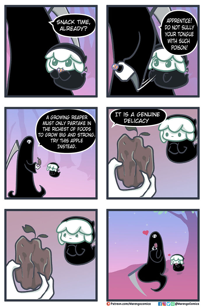 Comic depicting death teaching its apprentice about food choices, with a humorous and wholesome interaction. Comic depicting death teaching its apprentice about food choices, with a humorous and wholesome interaction.