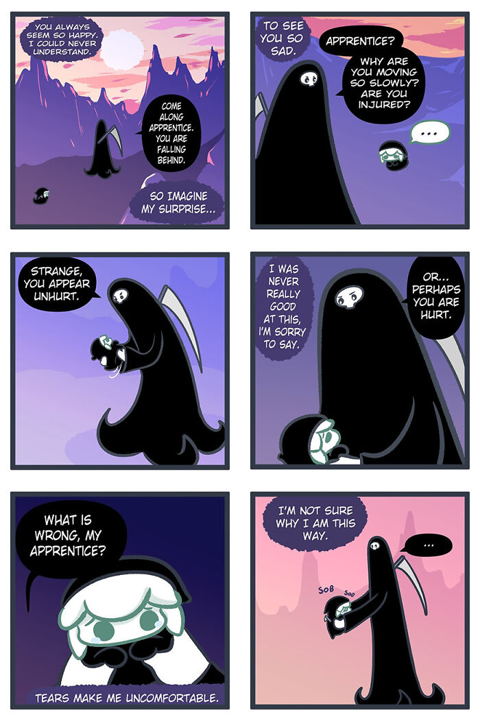 Comic about death and its apprentice discussing emotions and sadness in a mystical setting. Comic about death and its apprentice discussing emotions and sadness in a mystical setting.