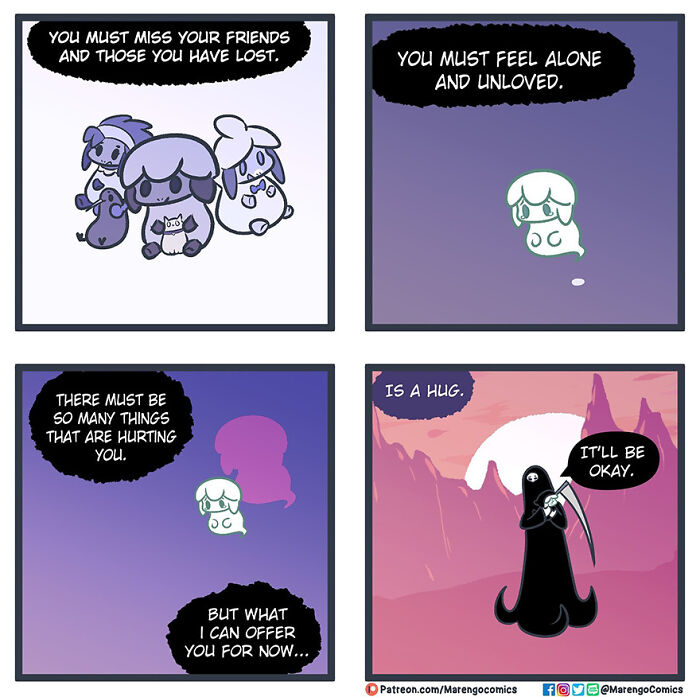 Comic about death offering comfort to a sad character with a hug. Comic about death offering comfort to a sad character with a hug.