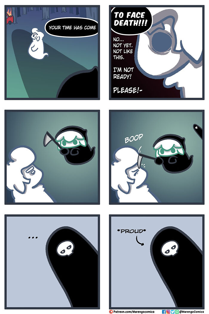 Comic strip featuring Death and its apprentice in a whimsical interaction with a ghost. Comic strip featuring Death and its apprentice in a whimsical interaction with a ghost.