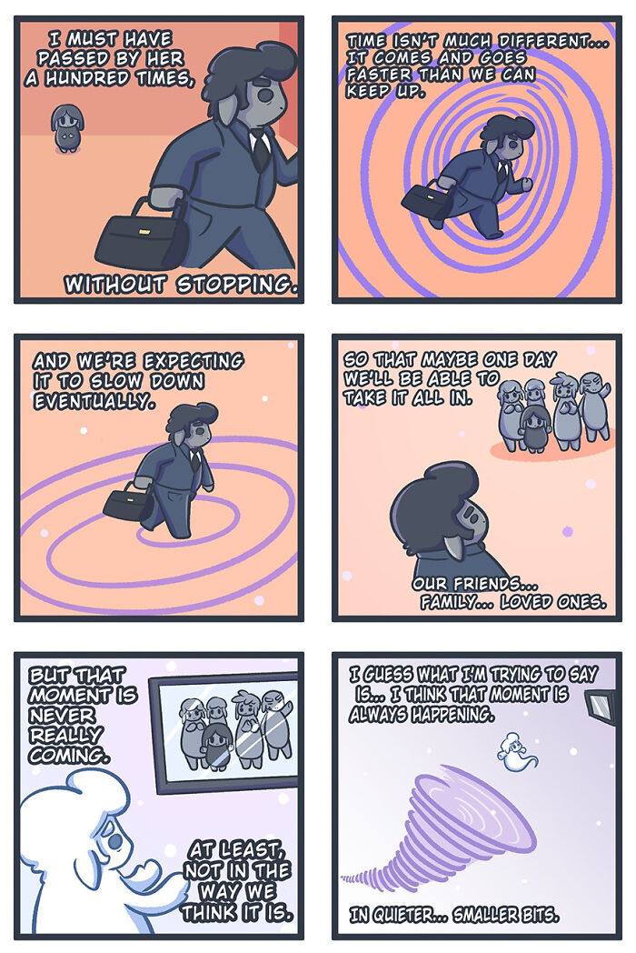 Comic strip about death and its apprentice, illustrating reflections on time and loved ones in a heartfelt manner. Comic strip about death and its apprentice, illustrating reflections on time and loved ones in a heartfelt manner.