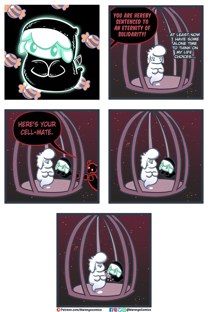 Comic panel featuring Death and apprentice in a whimsical cage, discussing eternal solitude, by Marengo Lambert. Comic panel featuring Death and apprentice in a whimsical cage, discussing eternal solitude, by Marengo Lambert.
