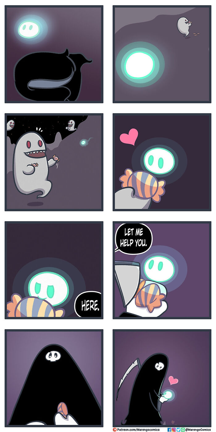Comic about death's apprentice helping a small spirit with a candy offering and a heartwarming gesture. Comic about death's apprentice helping a small spirit with a candy offering and a heartwarming gesture.