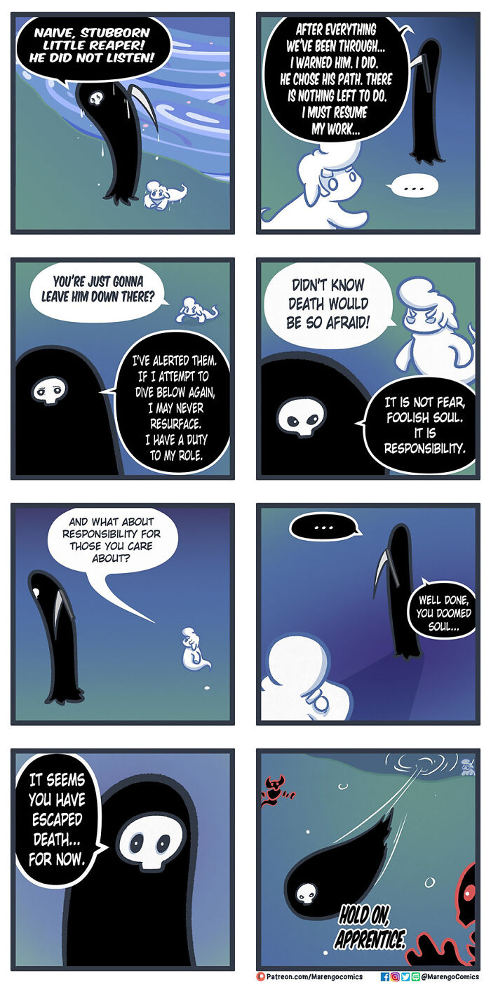 Comic strip by Marengo Lambert featuring Death and an apprentice discussing responsibility and escape. Comic strip by Marengo Lambert featuring Death and an apprentice discussing responsibility and escape.