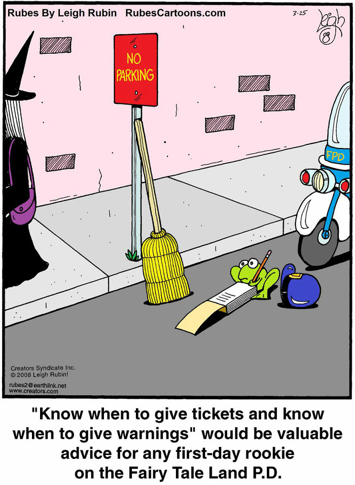 Cartoon of a witch, frog with ticket book and broom near no parking sign in a funny Wicked and Wizard of Oz comic.