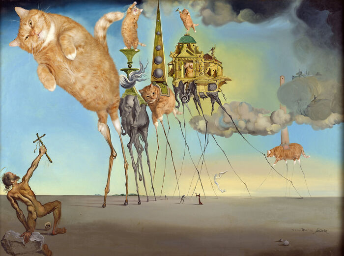 Fat orange cat creatively inserted into a famous surreal art piece with floating structures and long-legged animals.