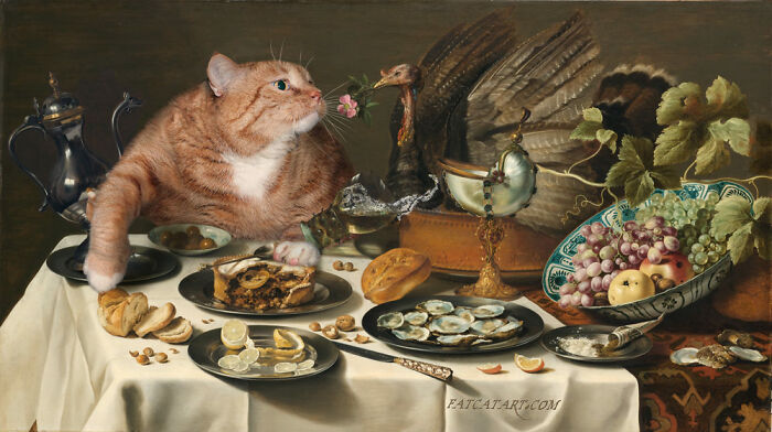 Fat orange cat humorously incorporated into a famous art piece, surrounded by a lavish feast setting.