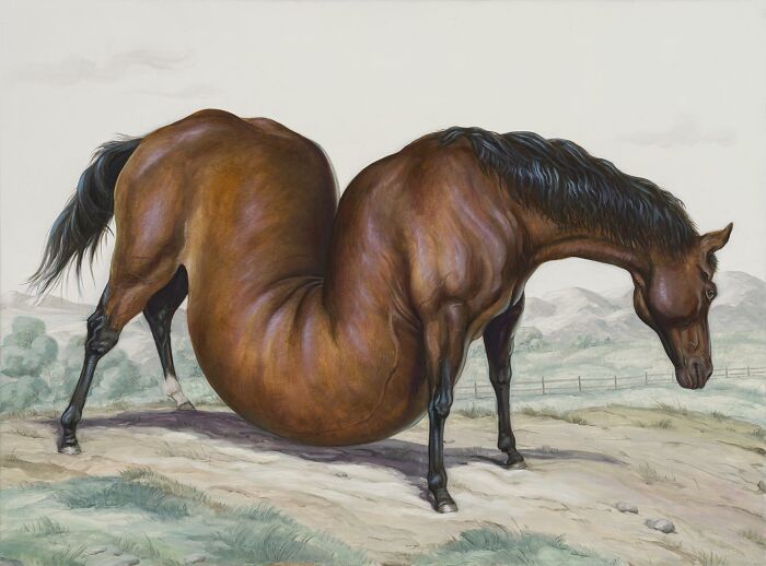 Surreal painting of a distorted horse with a U-shaped body on a landscape background, showcasing Bruno Pontiroli's unique art style.