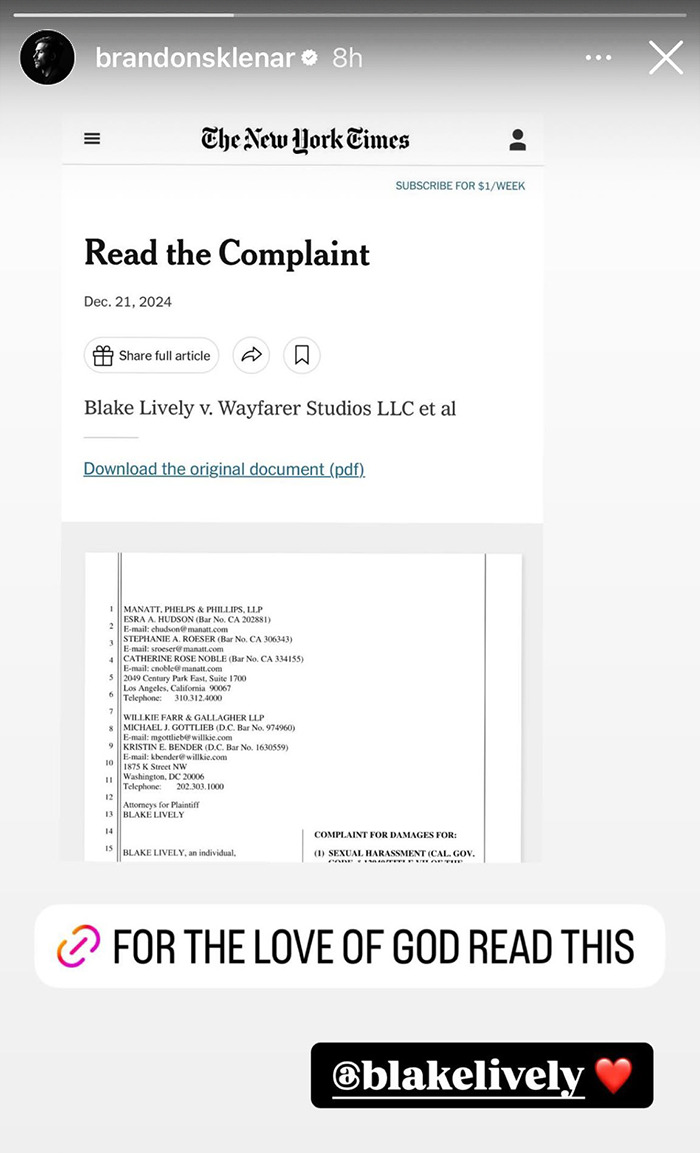 Blake Lively's co-star Brandon Sklenar urges reading complaint with fiery message. Blake Lively's co-star Brandon Sklenar urges reading complaint with fiery message.
