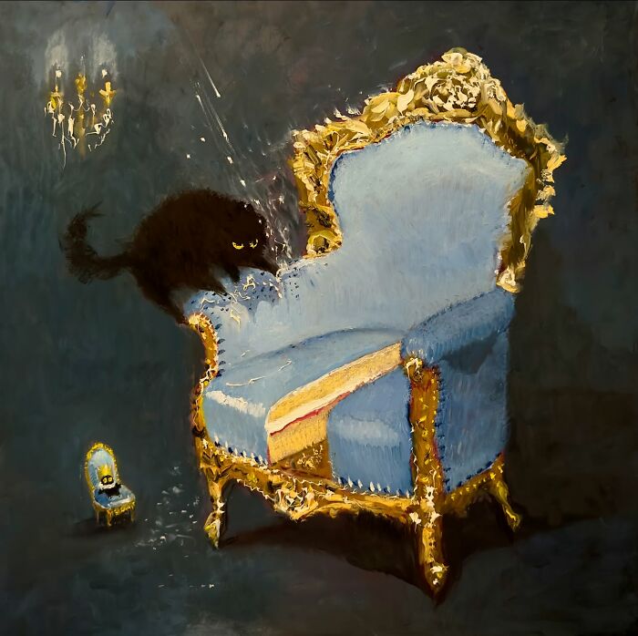 Chaotic black cat scratching a luxurious blue and gold chair in a humorous painting setting.