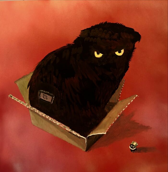 Chaotic black cat humorously painted in a box with a red background.