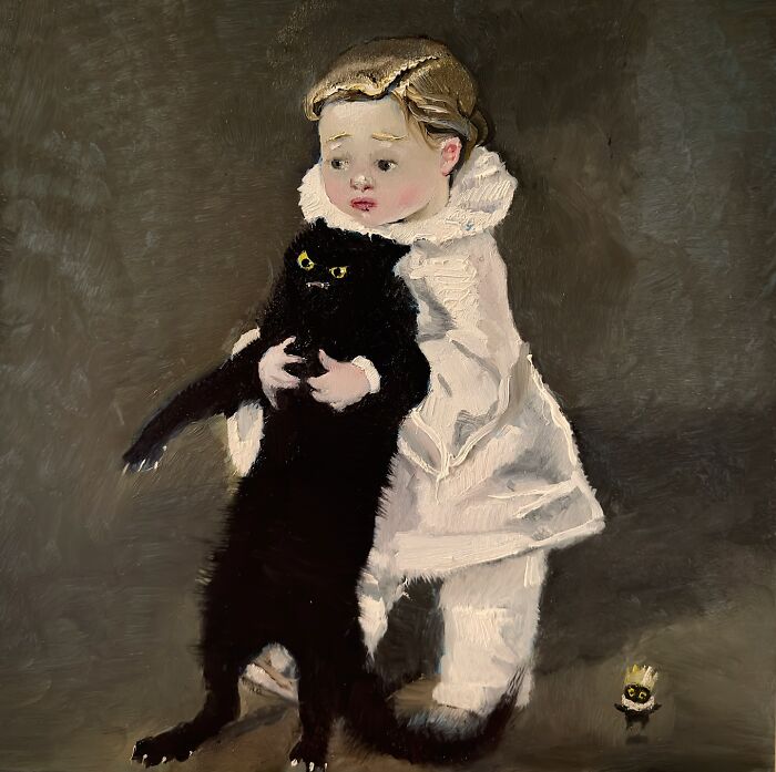 Child in costume holding a chaotic black cat in humorous painting.