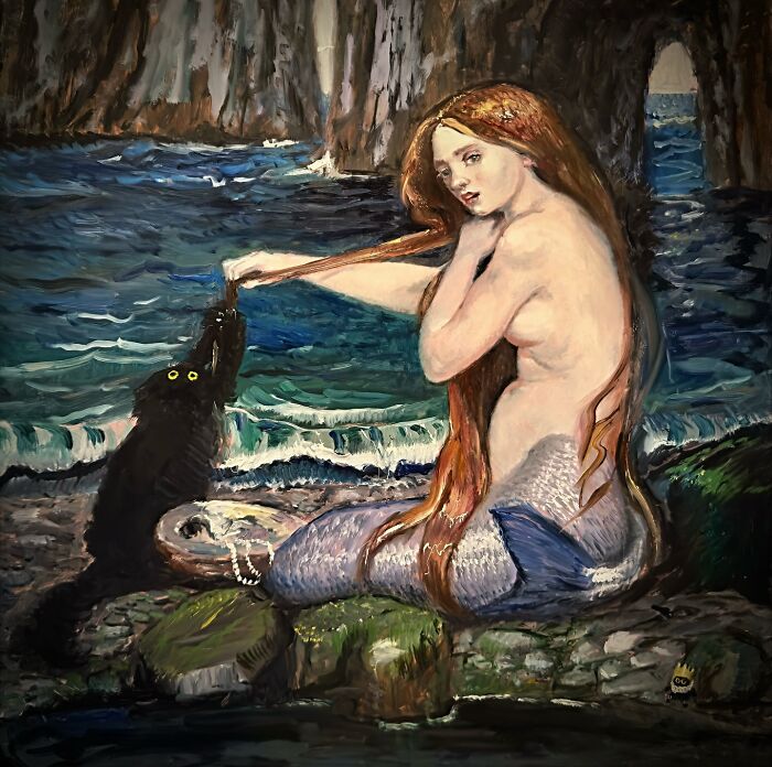 Chaotic black cat playfully pulling a mermaid's hair by the sea in a humorous painting.