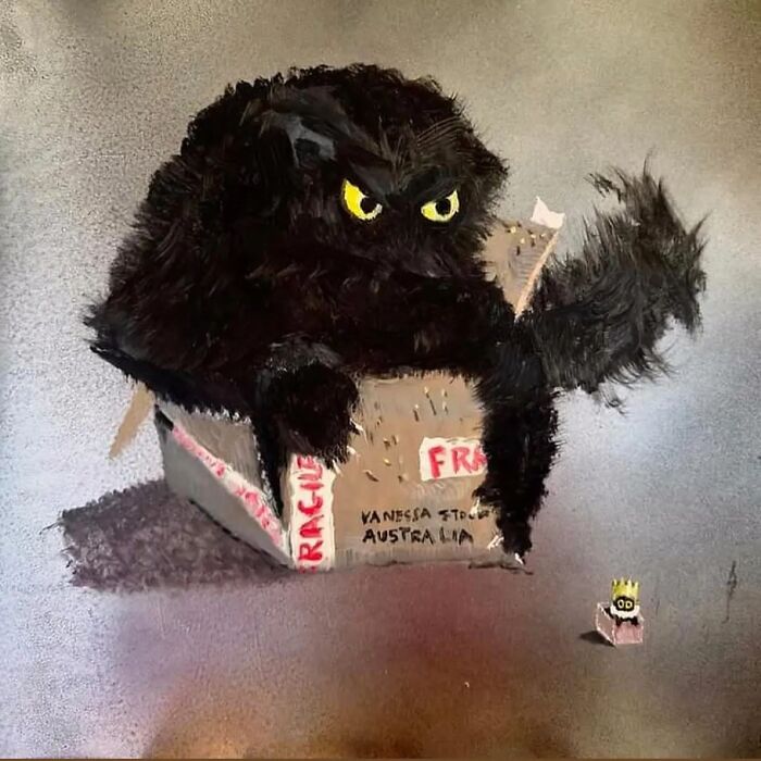Humorous painting of a chaotic black cat with angry eyes sitting in a fragile box.