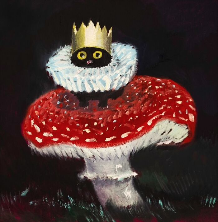 A black cat with a crown sits atop a red mushroom, blending chaos and humor in this painting.