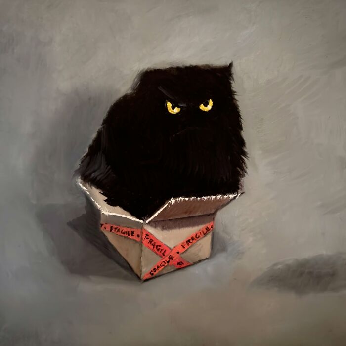 Black cat humorously squeezed in a labeled "fragile" box, showcasing chaos in a whimsical painting.