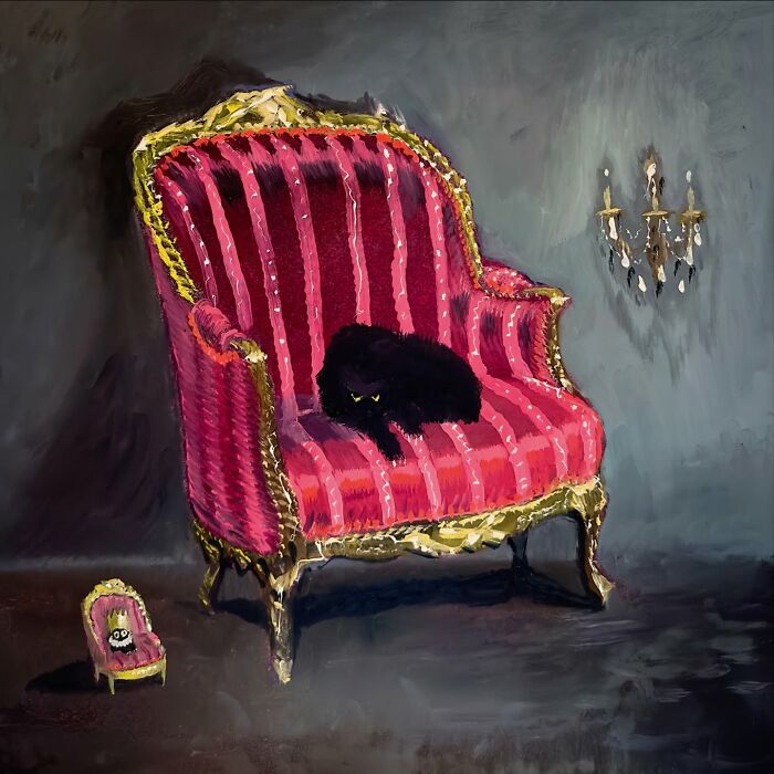 Humorous painting of a black cat lounging on a luxurious pink armchair with a matching tiny chair nearby.