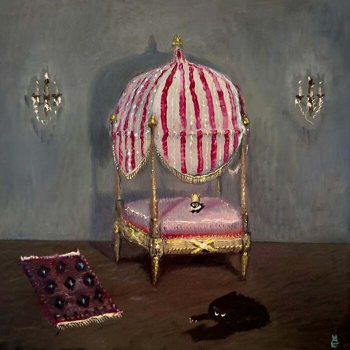Humorous painting of a chaotic black cat hiding under a striped canopy bed.