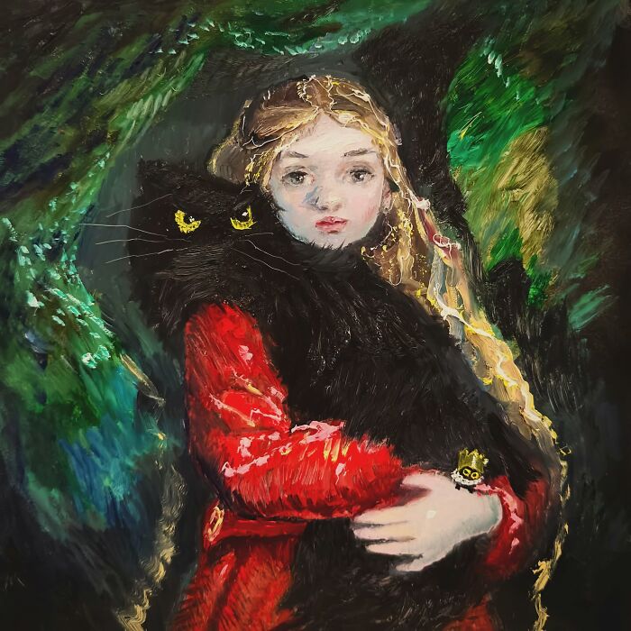 A whimsical painting of a black cat being chaotic, held by a girl in a vibrant red dress.
