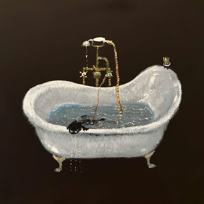Humorous painting of a black cat playfully hiding in a bathtub with water running, showcasing chaotic mischief.