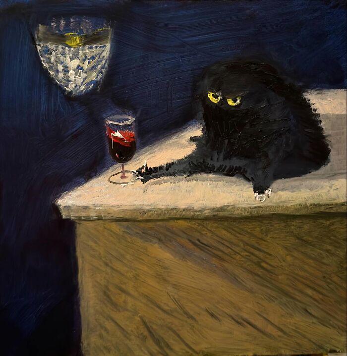A humorous painting of a chaotic black cat on a table, eyeing a glass of wine in a dark room.
