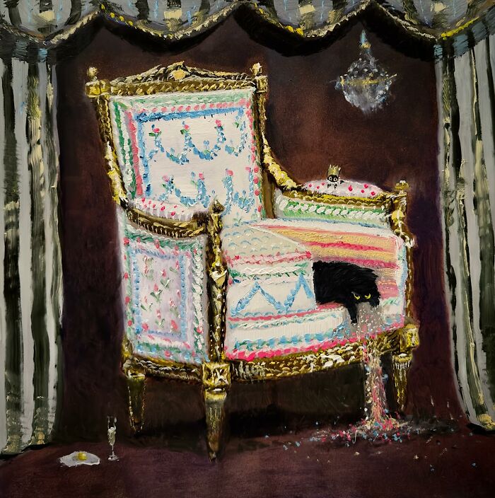Humorous painting of a black cat playfully peeking from an ornate chair in a whimsical setting.