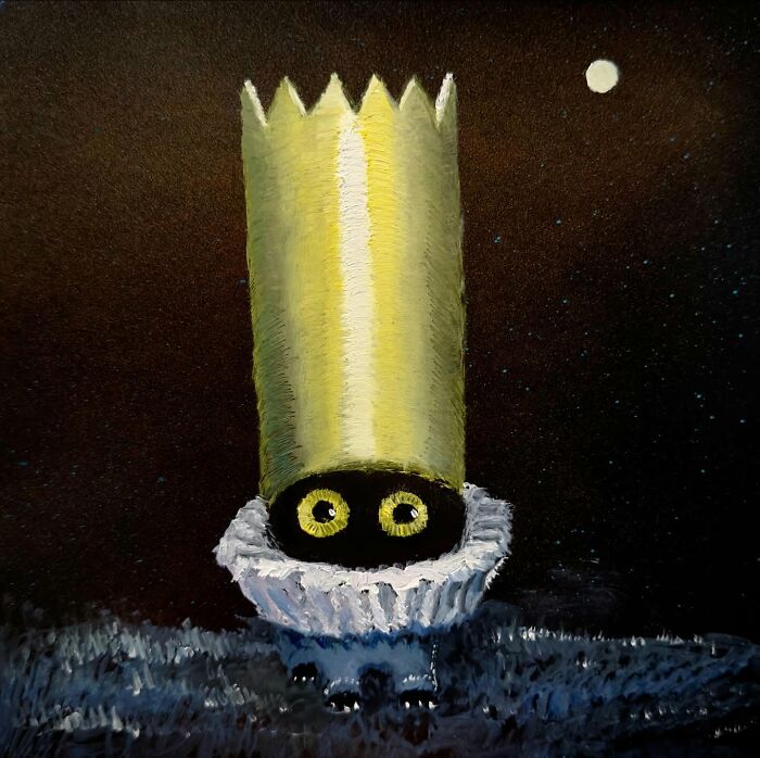 Chaotic black cat painting with a ruffled collar and tall yellow hat, set against a night sky with a glowing moon.
